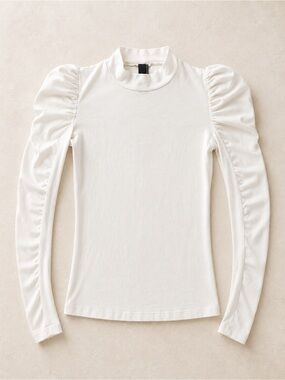 Bobbi Los Angeles White Puff-Sleeve Mock Neck Long Sleeve Top / Bubbled Sleeved
